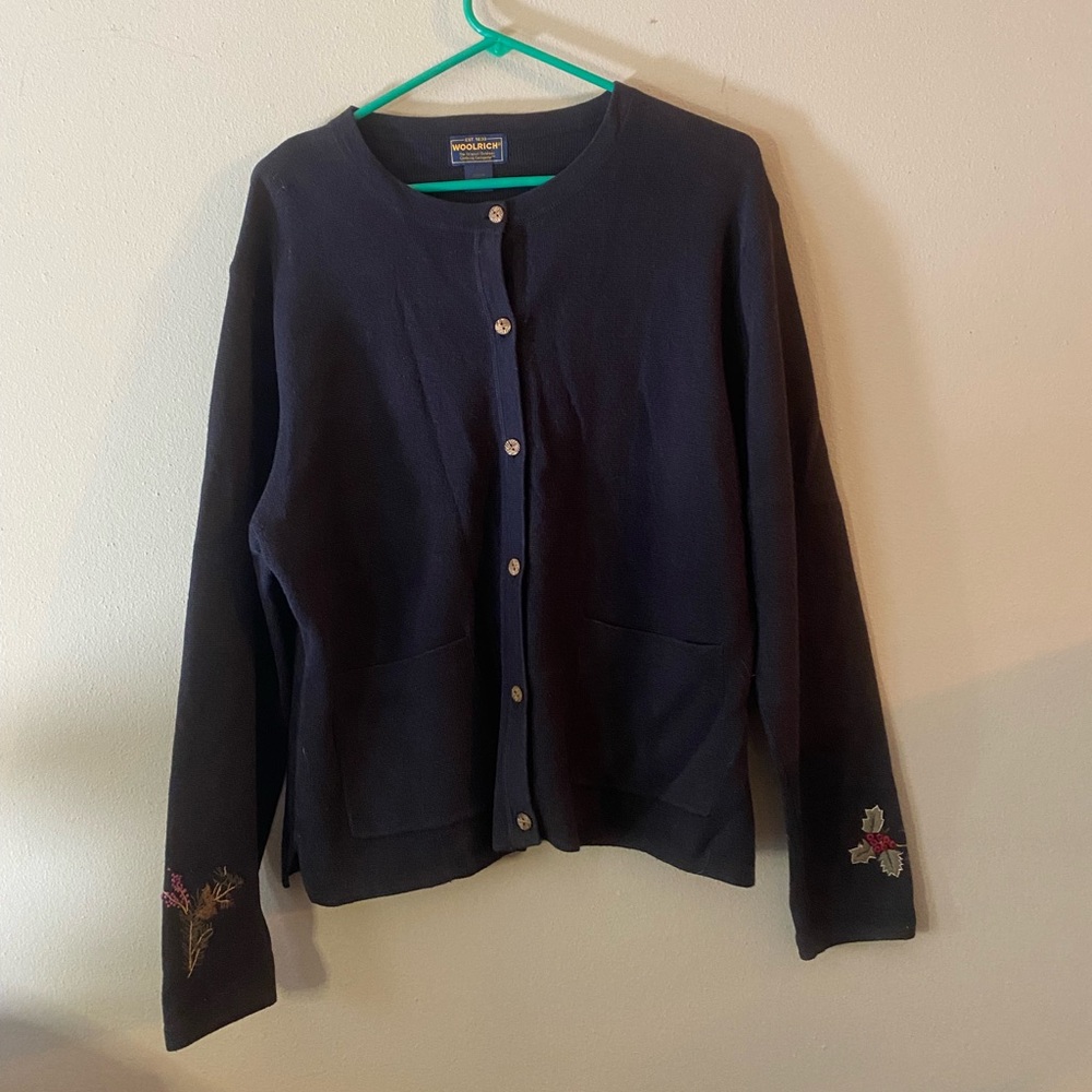 Navy Woolrich L button front cardigan with Christmas embroidery